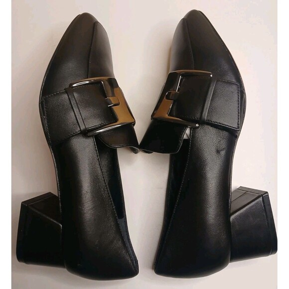 Deltan Sz 7 Veronica Black Leather Metal Buckle Flared Block Heel Pumps - Picture 5 of 16